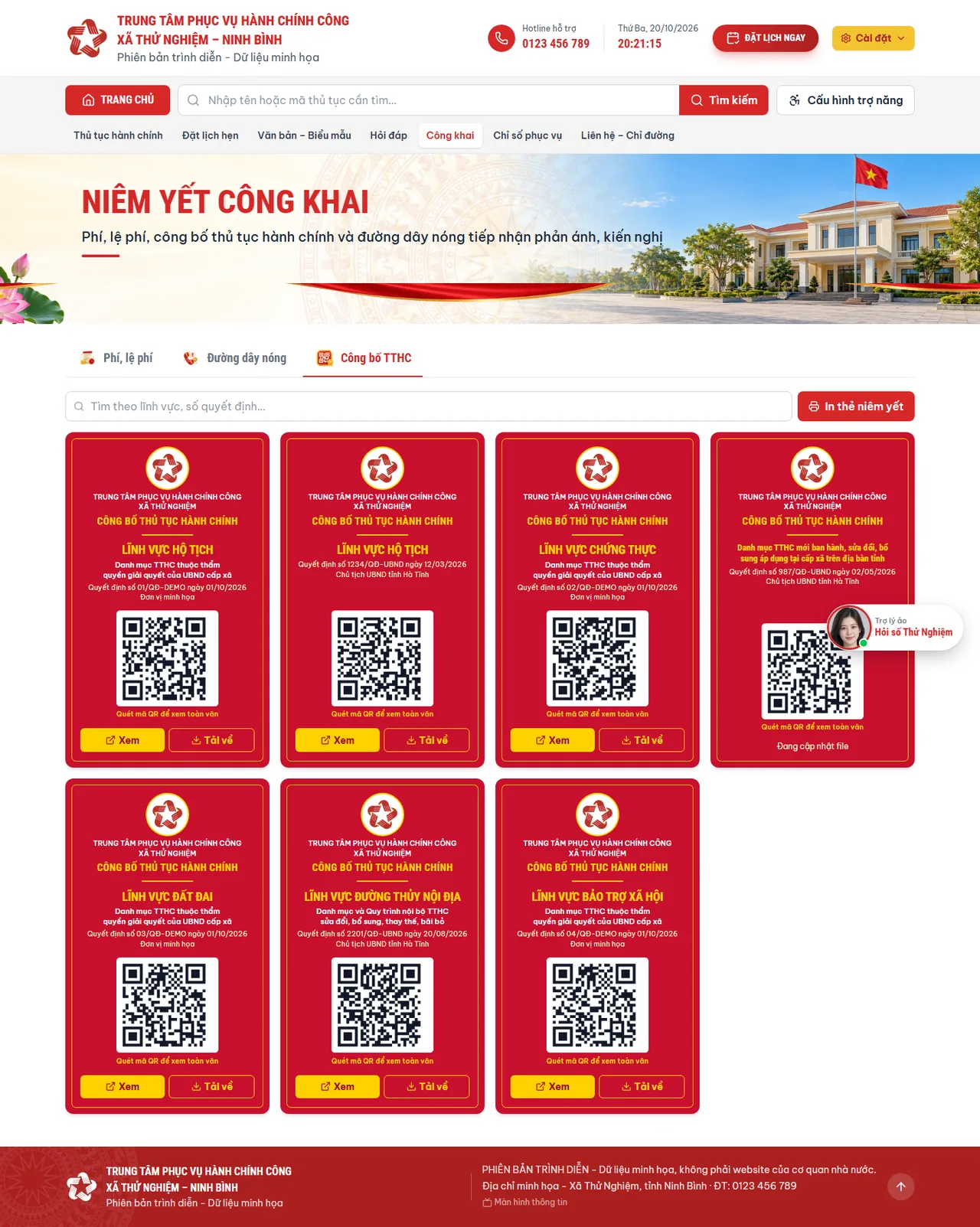 Màn hình văn bản công bố thủ tục hành chính có mã QR