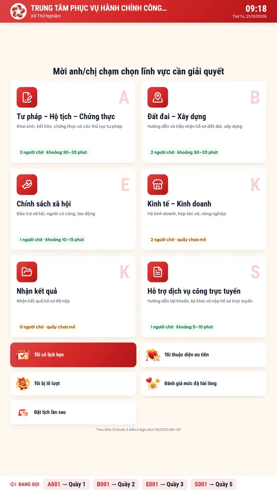 Kiosk lấy số: chọn lĩnh vực, xem số người chờ