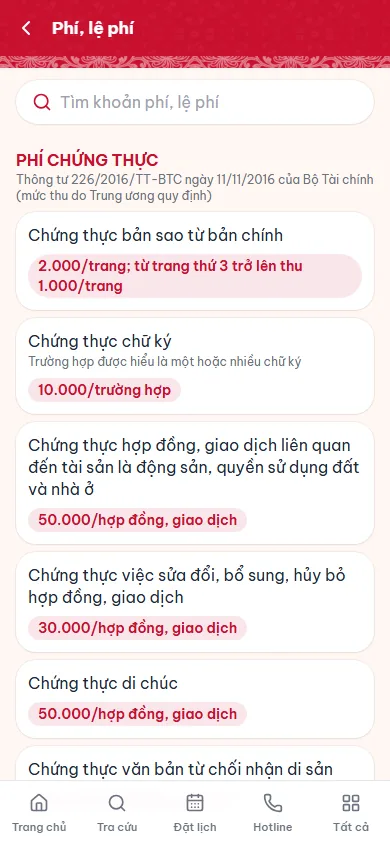 Xem phí lệ phí trên Mini App