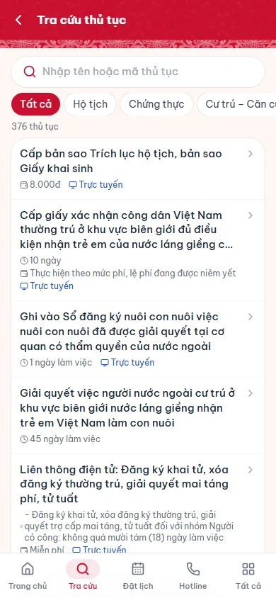 Tra cứu thủ tục trên Mini App