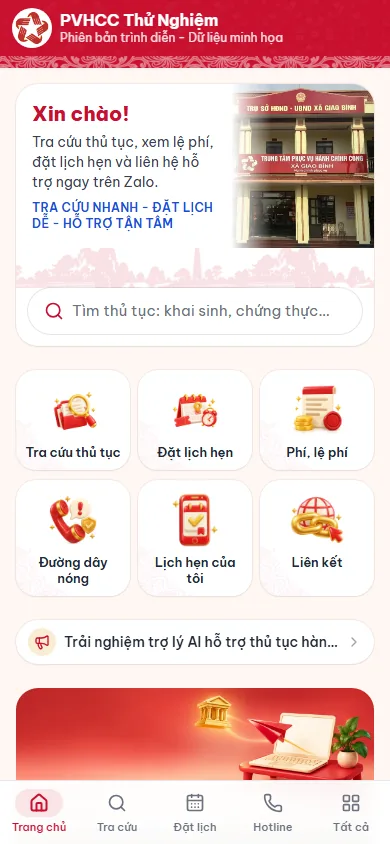 Trang chủ Zalo Mini App của Trung tâm Phục vụ Hành chính công