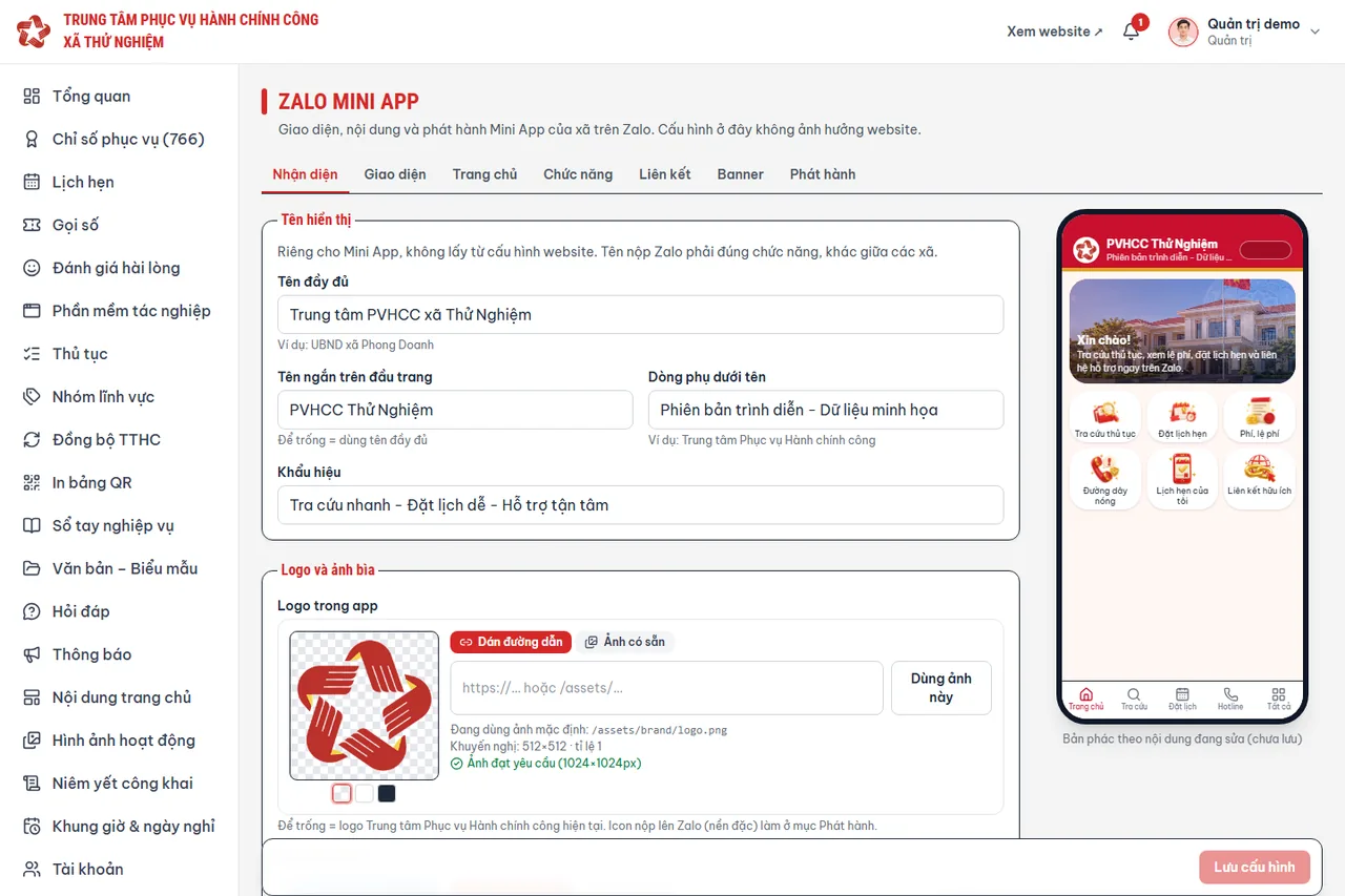 Quản trị Zalo Mini App Trung tâm hành chính công