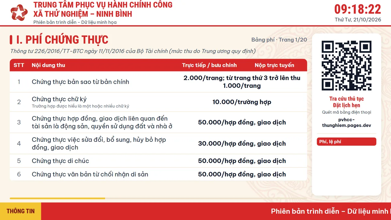 Màn hình TV hiển thị bảng phí chứng thực tại Trung tâm
